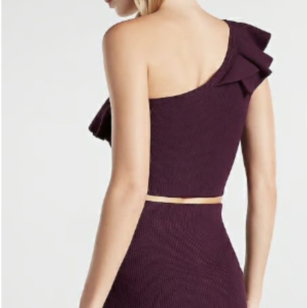 Express One Shoulder Knit Crop Top in Merlot, Size XL - Picture 2 of 8